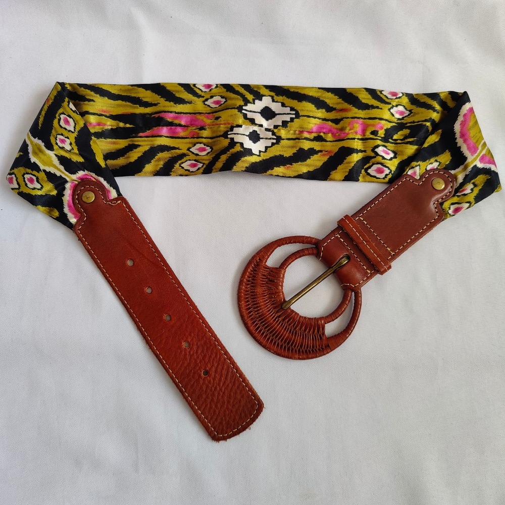 Brown Leather Woven Belt Ikat Print Wide Waist Buckle Womens Small Boho Western